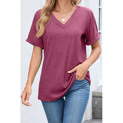 Attraco Women's V-Neck Rolled Cuff Short Sleeve Loose Fit Casual T-Shirt Summer Tops