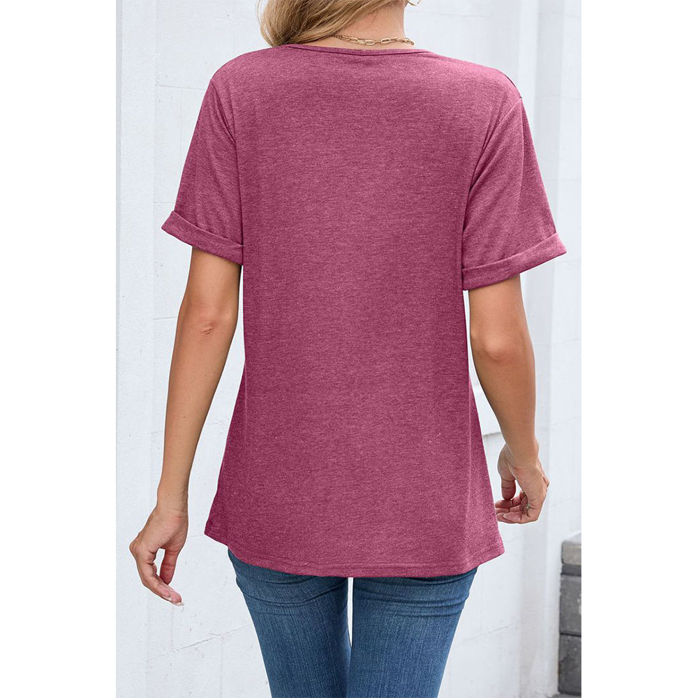 Attraco Women's V-Neck Rolled Cuff Short Sleeve Loose Fit Casual T-Shirt Summer Tops