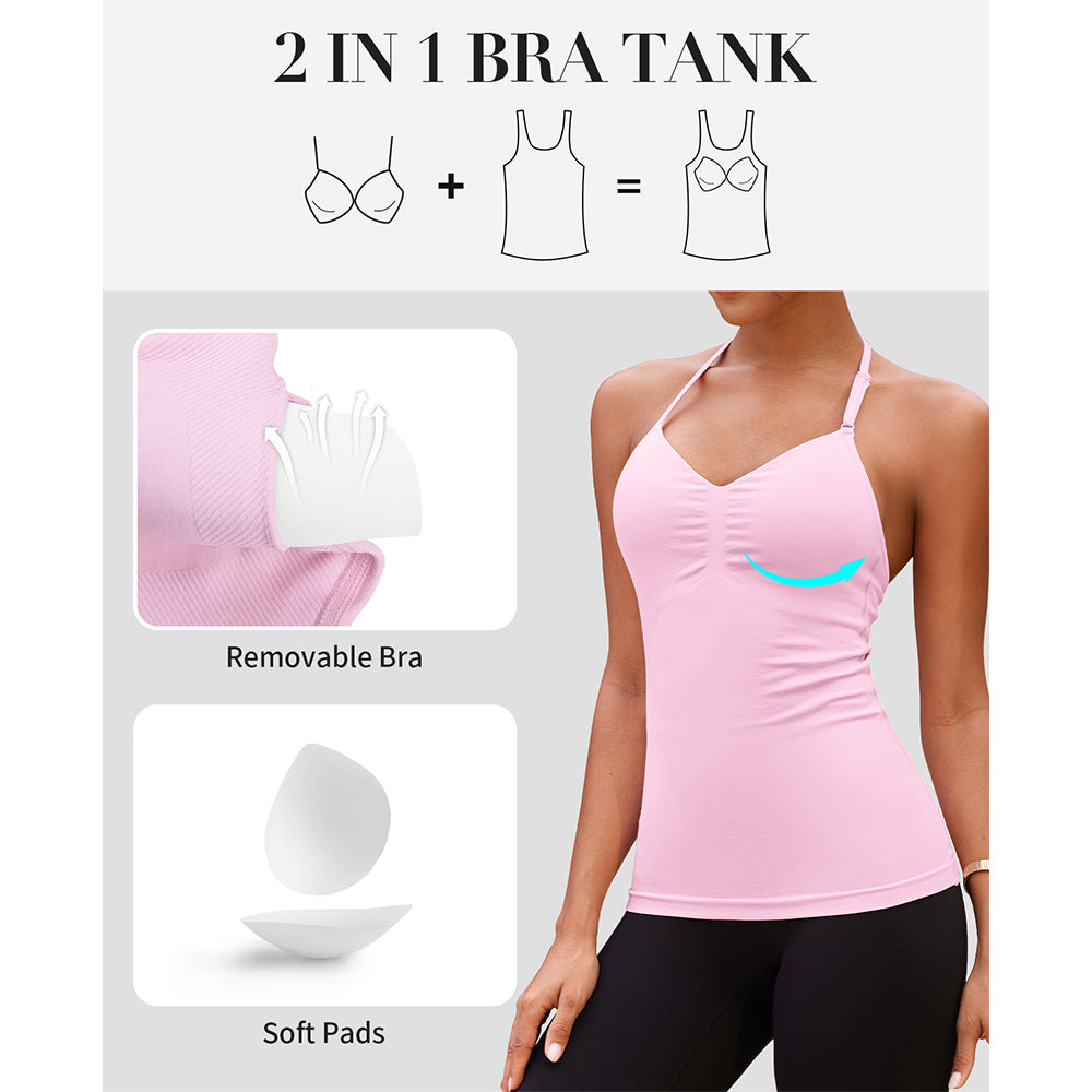 Attraco Built in Bra Halter Tops for Women Padded Workout Tank Strappy Camisole Gym Yoga Cami Top