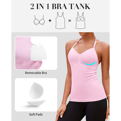 Attraco Built in Bra Halter Tops for Women Padded Workout Tank Strappy Camisole Gym Yoga Cami Top