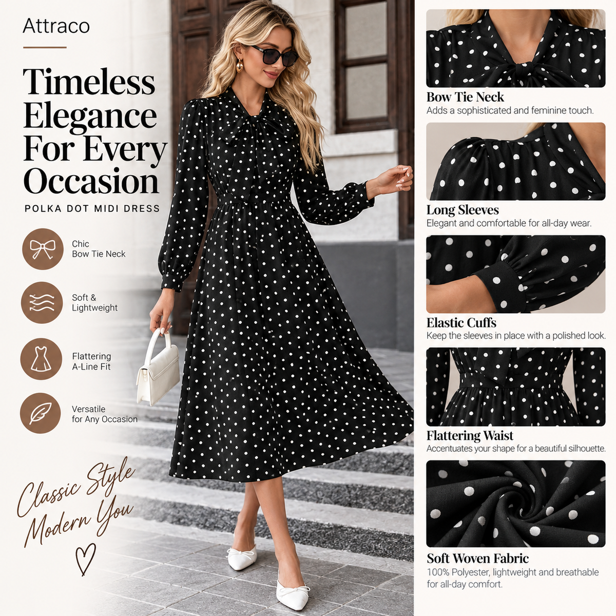 Attraco Women Bow Tie Neck Long Sleeve Polka Dot Midi Dress