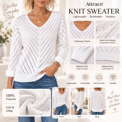 Attraco Women's Open Knit V Neck Sweater Long Sleeve Lightweight Hollow Out Pullover Top