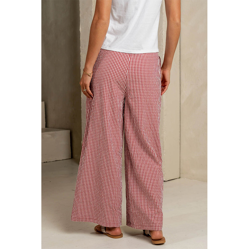 Attraco Women's Gingham Wide Leg Pants with Drawstring Waist & Pockets