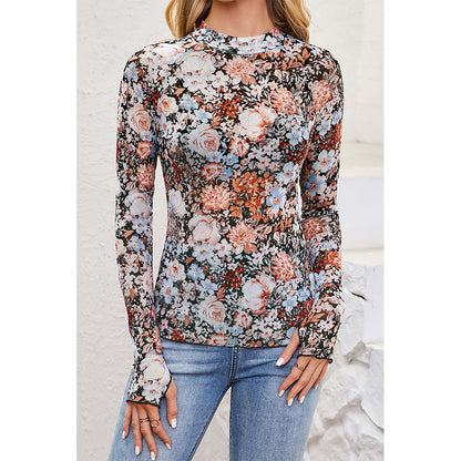 Attraco Women's Floral Print Mock Neck Long Sleeve Sheer Mesh Tops Spring Shirt
