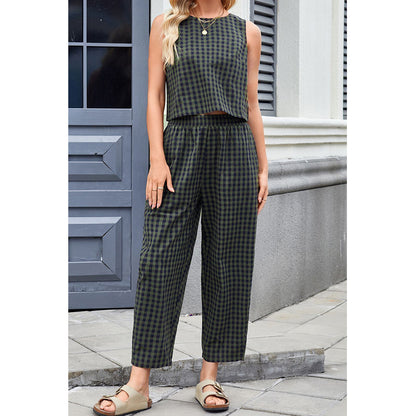 Attraco Women Sleeveless Cropped Top 2 Piece Gingham Loungewear Set Elastic Waist Pocket Wide Leg Cropped Pants Sets
