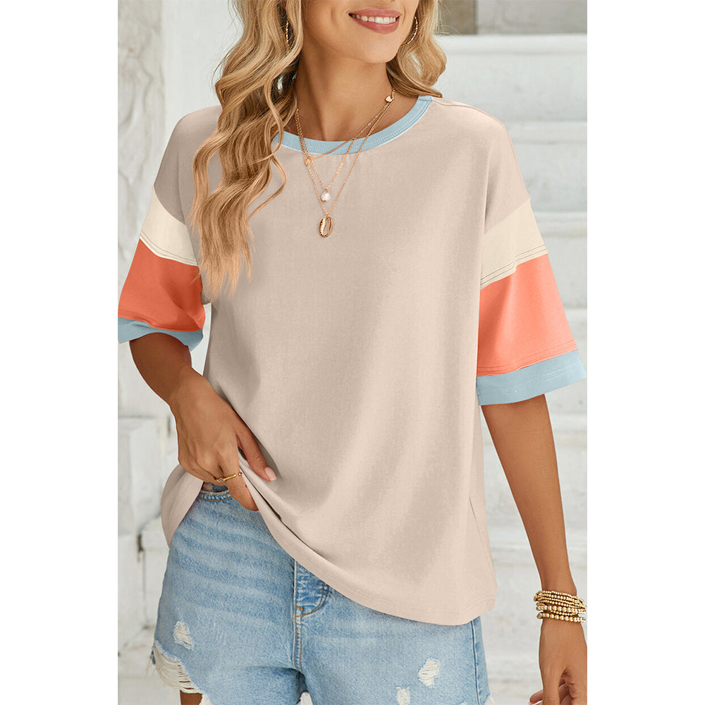 Attraco Women's Oversized Color Block Half-Sleeve Drop-Shoulder Blouse Summer T-shirt