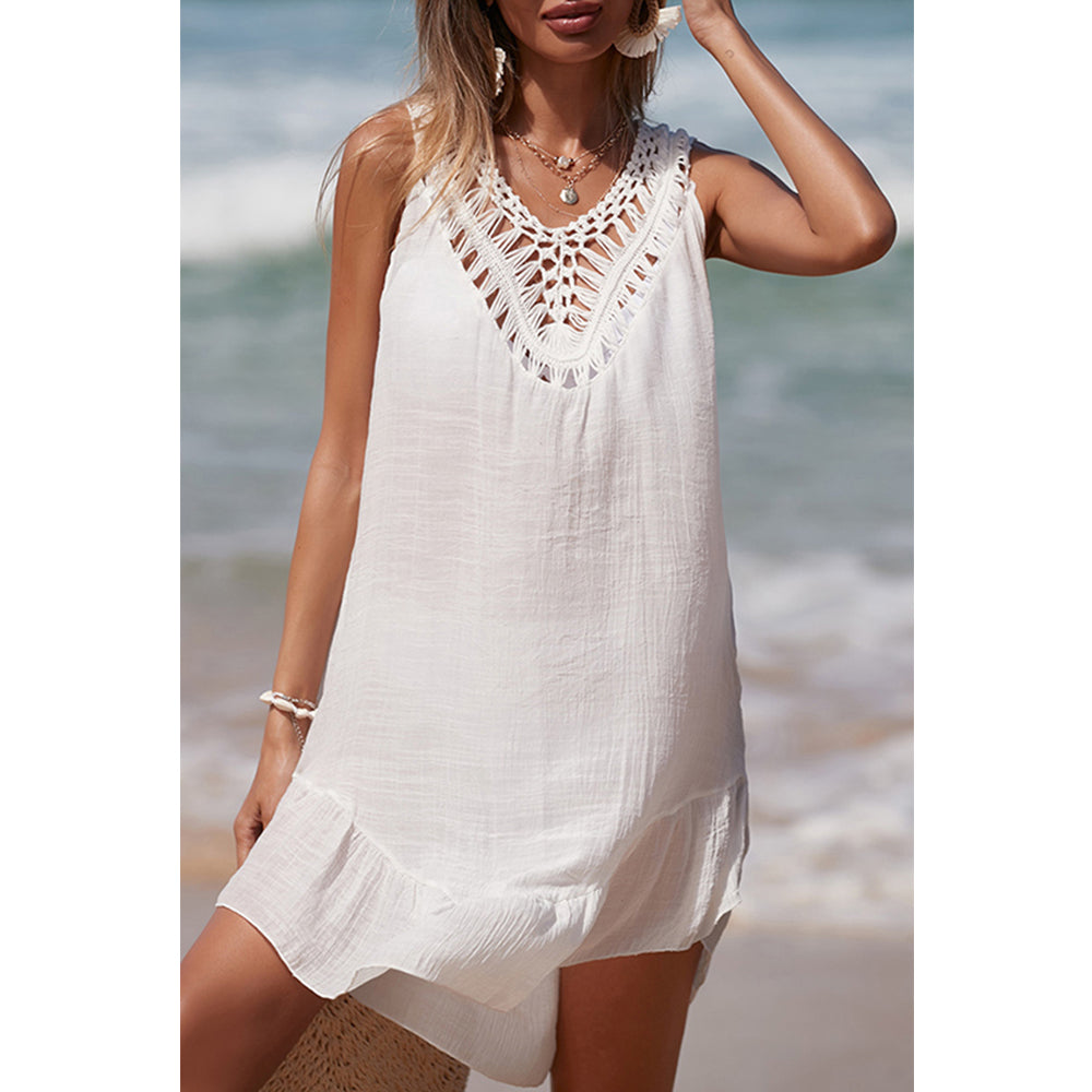 Charmo Women's  Crochet Neckline Pom-Pom Tassel Open Back Sheer Cover Up Dress Beach Dress