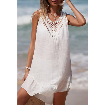 Charmo Women's  Crochet Neckline Pom-Pom Tassel Open Back Sheer Cover Up Dress Beach Dress