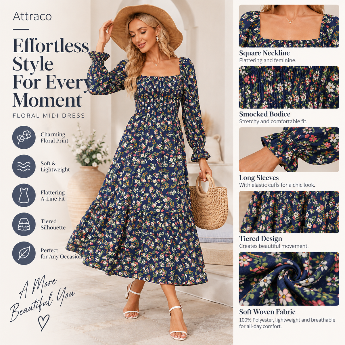 Attraco Women Square Neck Smocked Long Sleeve Tiered Midi Floral Print Dress
