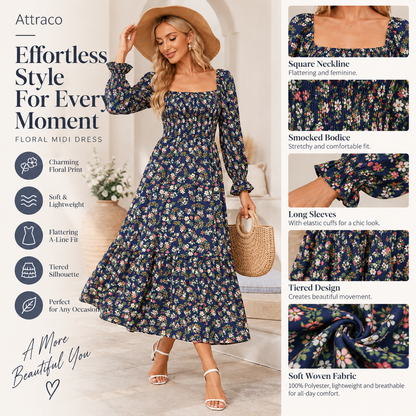 Attraco Women Square Neck Smocked Long Sleeve Tiered Midi Floral Print Dress