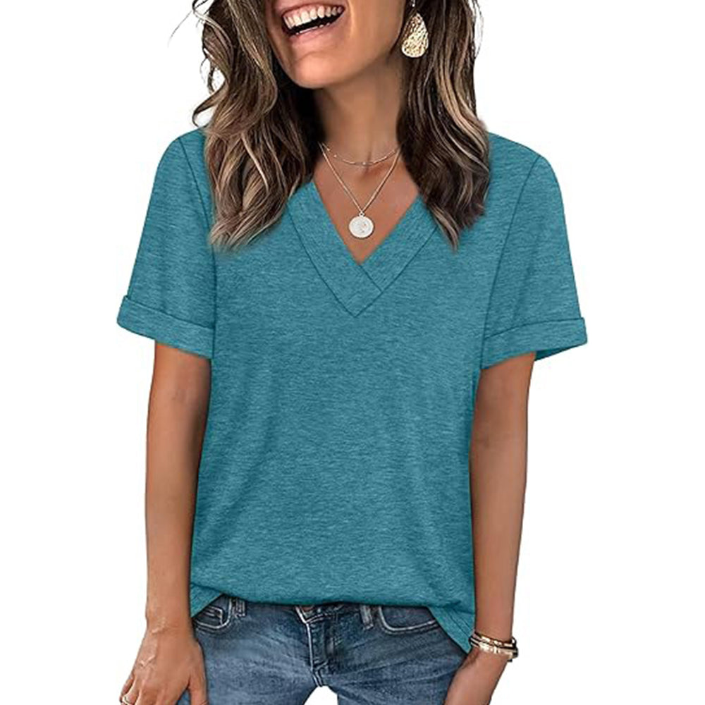 Attraco Women's V-Neck Rolled Cuff Short Sleeve Loose Fit Casual T-Shirt Summer Tops