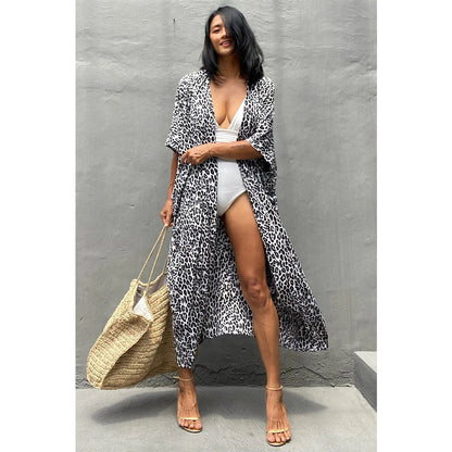 Charmo Women's Leopard Print Kimono Style Open Front Tie Waist Cover Up Swimming Maxi Dress