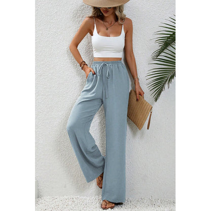 Attraco Women Elastic Drawstring High Waist Wide Leg Pants with Side Pockets