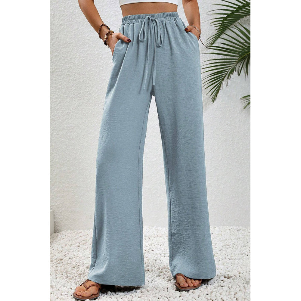Attraco Women Elastic Drawstring High Waist Wide Leg Pants with Side Pockets
