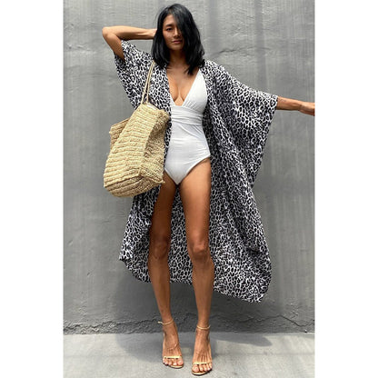 Charmo Women's Leopard Print Kimono Style Open Front Tie Waist Cover Up Swimming Maxi Dress