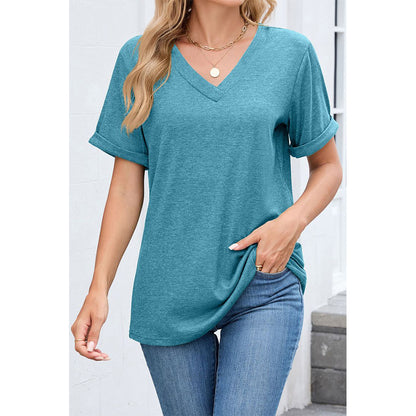 Attraco Women's V-Neck Rolled Cuff Short Sleeve Loose Fit Casual T-Shirt Summer Tops