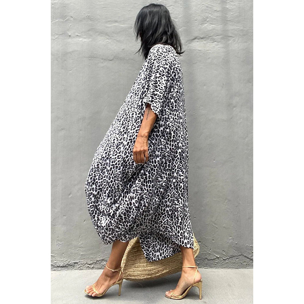 Charmo Women's Leopard Print Kimono Style Open Front Tie Waist Cover Up Swimming Maxi Dress