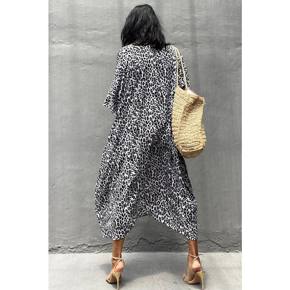 Charmo Women's Leopard Print Kimono Style Open Front Tie Waist Cover Up Swimming Maxi Dress