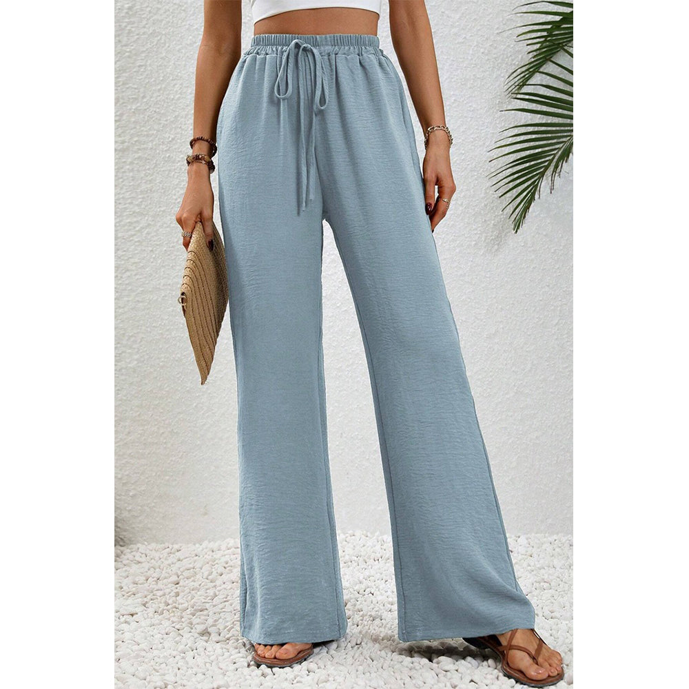 Attraco Women Elastic Drawstring High Waist Wide Leg Pants with Side Pockets