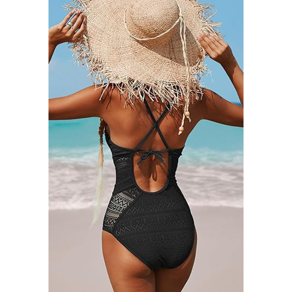Charmo Women's Lace Trimmed One-Piece Swimsuit Keyhole Front, Crisscross Back & Adjustable Tie Bathing Suit