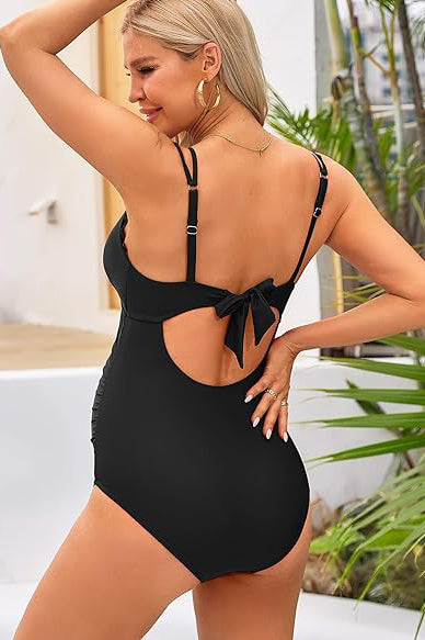 Charmo Women's Ruched Maternity One-Piece Swimsuit Scalloped Neck & Back Cutout Design Pregnancy Bathing Suits