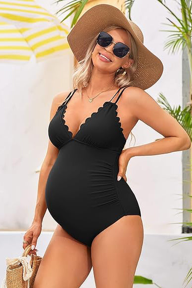 Charmo Women's Ruched Maternity One-Piece Swimsuit Scalloped Neck & Back Cutout Design Pregnancy Bathing Suits
