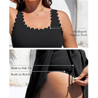 Charmo Women's Plus Size Ribbed Swim Dress Scalloped Square Neck One Piece Swimsuit Tummy Control Bathing Suit Rushed Swim Suits 2026