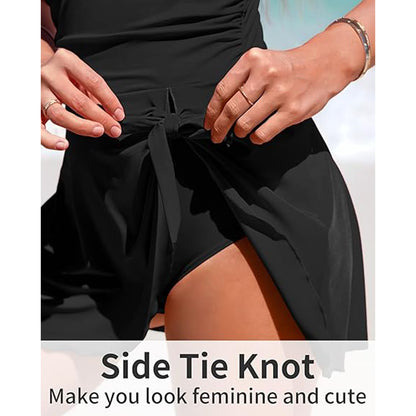 Charmo Women's Scalloped Wrap-Front One Piece Swim Dress Adjustable Tie & Back Bow Detail Swimwear