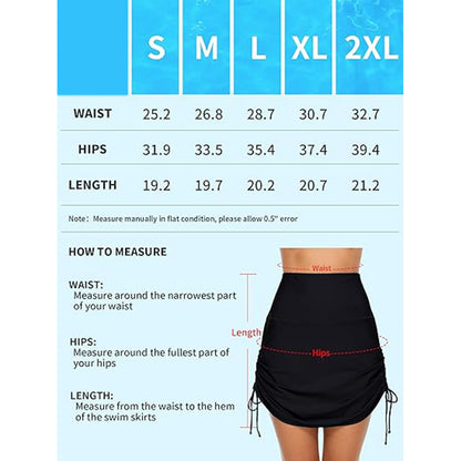 Charmo Women's High Waisted Swim Skirt with Adjustable Side Ruched Drawstring and Built-in Brief