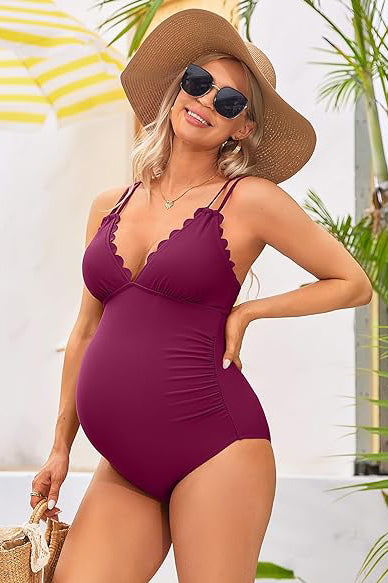 Charmo Women's Ruched Maternity One-Piece Swimsuit Scalloped Neck & Back Cutout Design Pregnancy Bathing Suits