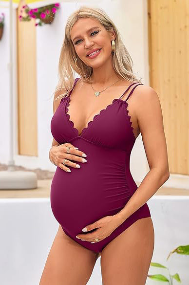 Charmo Women's Ruched Maternity One-Piece Swimsuit Scalloped Neck & Back Cutout Design Pregnancy Bathing Suits
