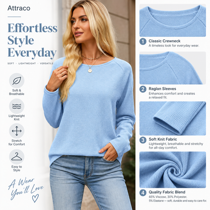 Attraco Women's Crewneck Lightweight Knit Pullover Sweater Long Sleeve Casual Top