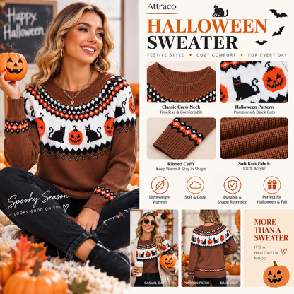 Attraco Women's Halloween Pumpkin & Black Cat Fair Isle Sweater Long Sleeve Crewneck Knit Pullover Fall Holiday Cozy Lightweight Sweater