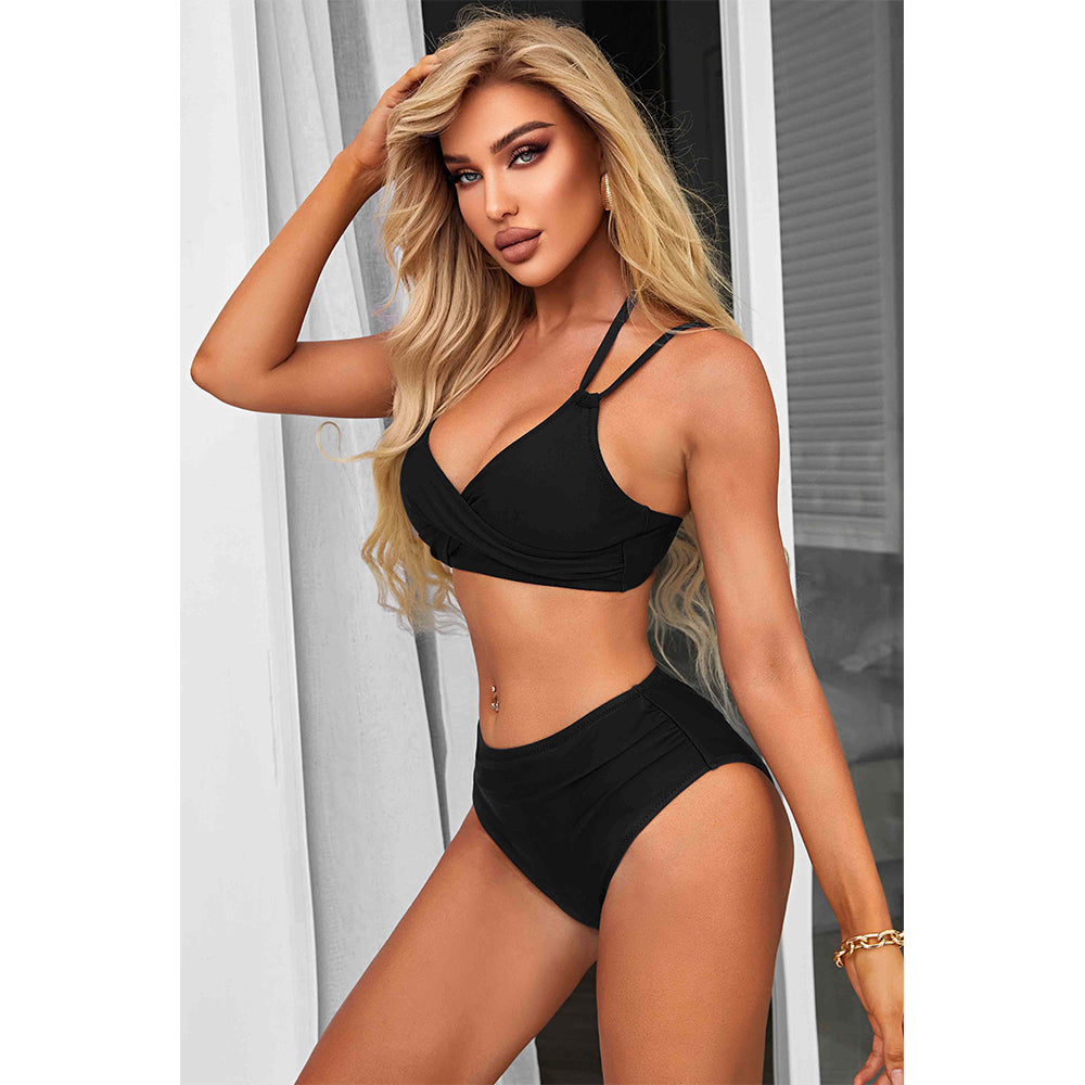 Charmo Women's Twist-Front Halter Bikini Set Adjustable Flattering High-Waist Swimwear Set