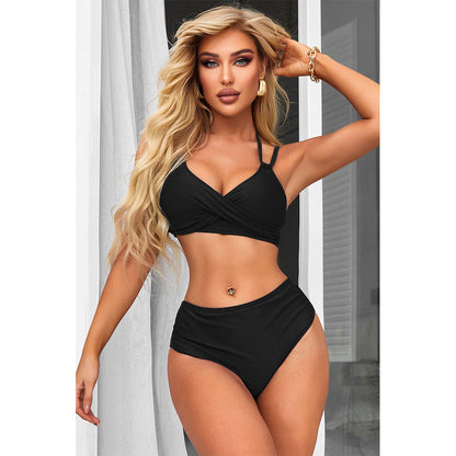 Charmo Women's Twist-Front Halter Bikini Set Adjustable Flattering High-Waist Swimwear Set