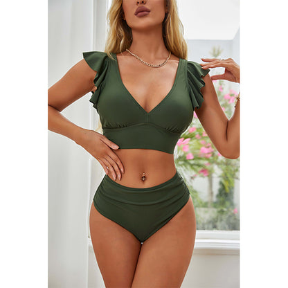 Charmo Women's Ruffled V-Neck High-Waist Bikini Set  Stretchy Flattering & Supportive Two-Piece Swimwear