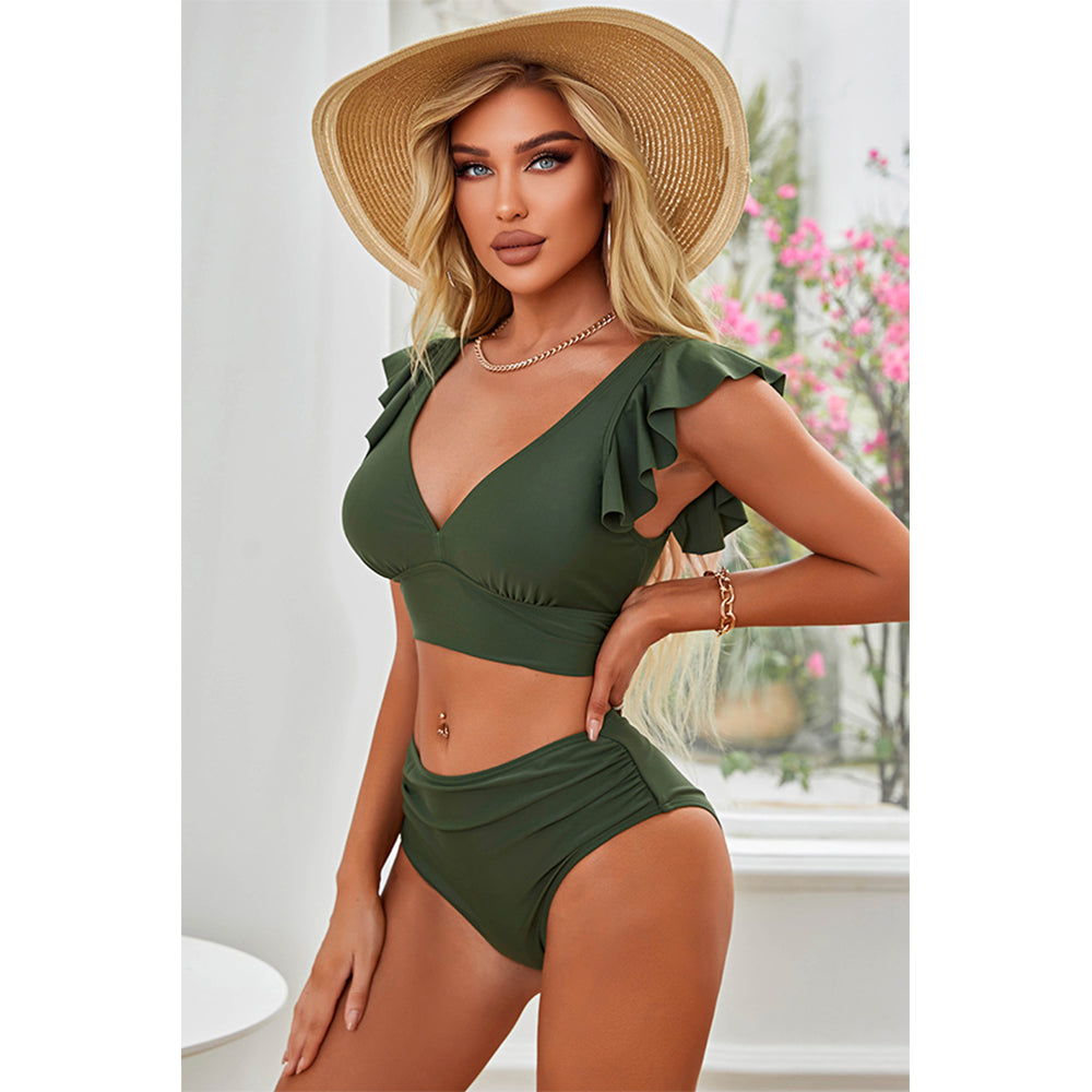 Charmo Women's Ruffled V-Neck High-Waist Bikini Set  Stretchy Flattering & Supportive Two-Piece Swimwear