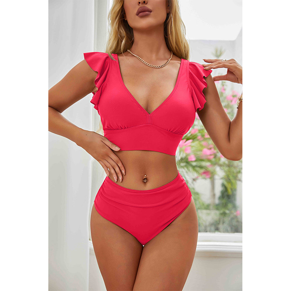 Charmo Women's Ruffled V-Neck High-Waist Bikini Set  Stretchy Flattering & Supportive Two-Piece Swimwear