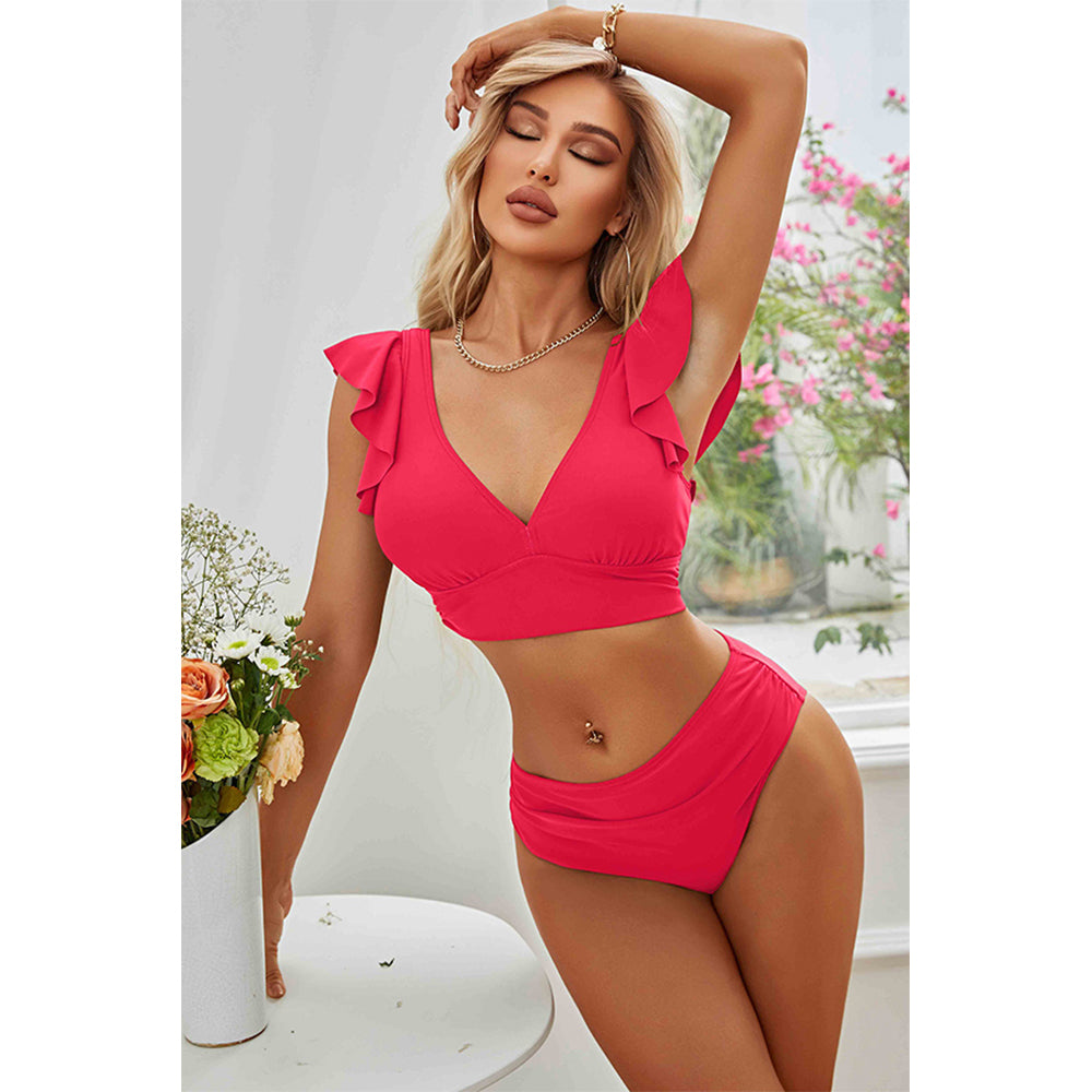Charmo Women's Ruffled V-Neck High-Waist Bikini Set  Stretchy Flattering & Supportive Two-Piece Swimwear