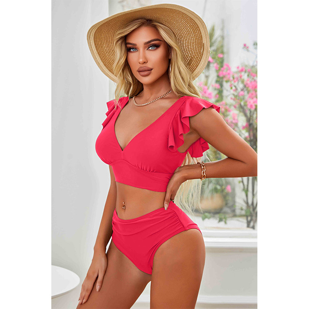 Charmo Women's Ruffled V-Neck High-Waist Bikini Set  Stretchy Flattering & Supportive Two-Piece Swimwear