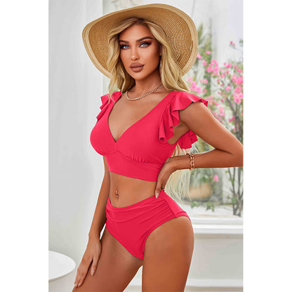Charmo Women's Ruffled V-Neck High-Waist Bikini Set  Stretchy Flattering & Supportive Two-Piece Swimwear