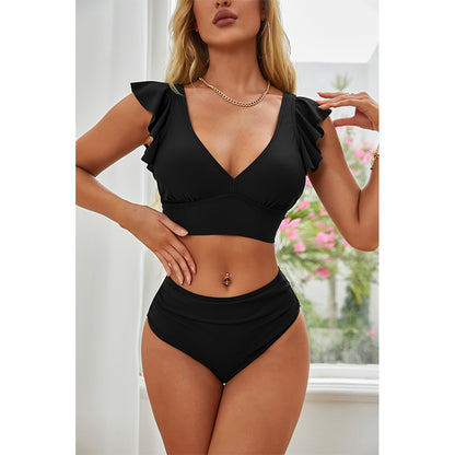 Charmo Women's Ruffled V-Neck High-Waist Bikini Set  Stretchy Flattering & Supportive Two-Piece Swimwear