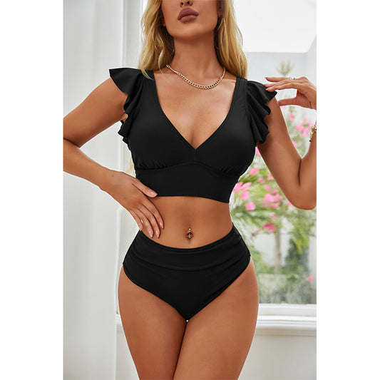 Charmo Women's Ruffled V-Neck High-Waist Bikini Set  Stretchy Flattering & Supportive Two-Piece Swimwear