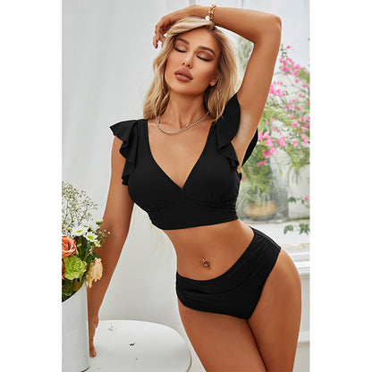 Charmo Women's Ruffled V-Neck High-Waist Bikini Set  Stretchy Flattering & Supportive Two-Piece Swimwear