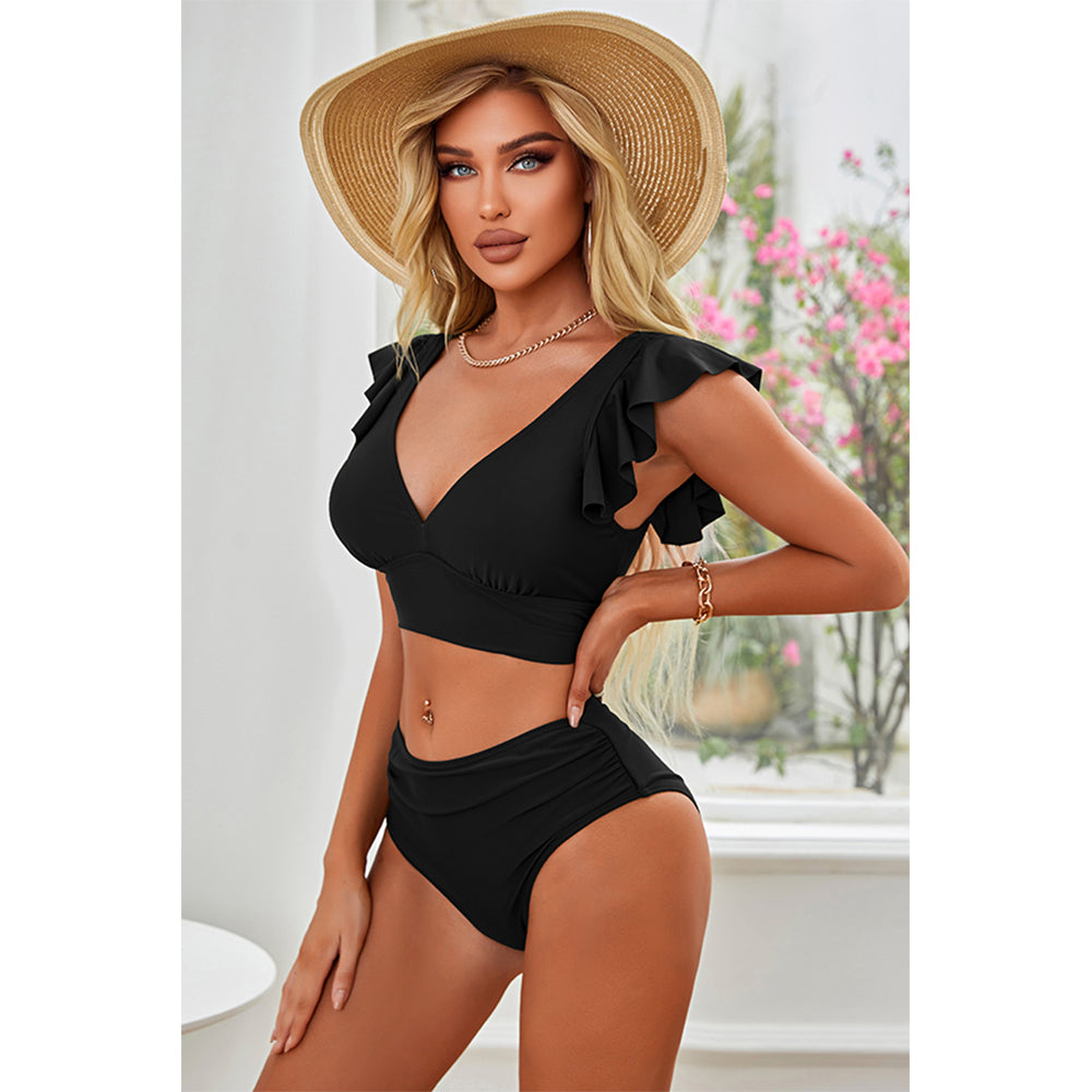 Charmo Women's Ruffled V-Neck High-Waist Bikini Set  Stretchy Flattering & Supportive Two-Piece Swimwear