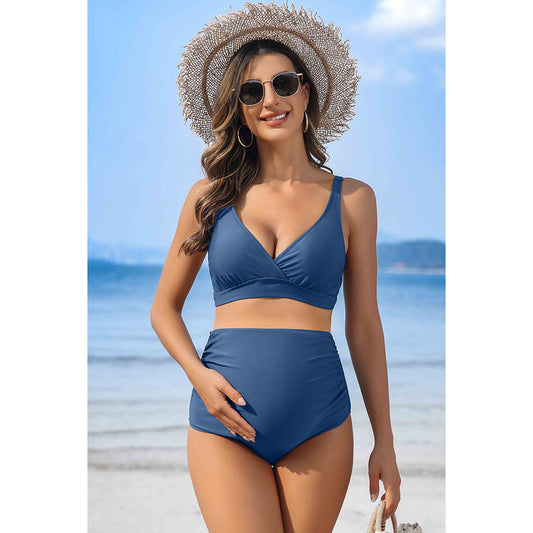 Charmo Women's High Waisted Maternity Swimsuit Bikini Set V Neck Pregnancy Bathing Suits Push Up Two Piece Swimwear