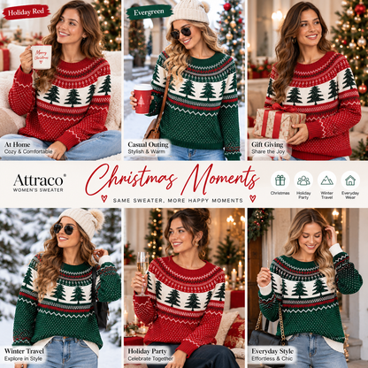 Attraco Women's Christmas Tree Fair Isle Sweater Long Sleeve Crewneck Knit Pullover Ugly Christmas Sweater Holiday Party Top