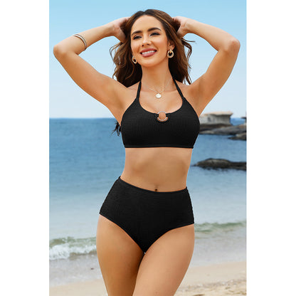 Charmo Women's Black Ribbed Halter O Ring High Waist Bikini Set