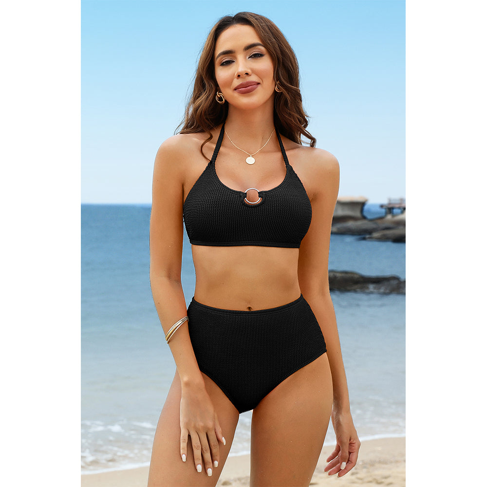 Charmo Women's Black Ribbed Halter O Ring High Waist Bikini Set