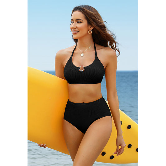 Charmo Women's Black Ribbed Halter O Ring High Waist Bikini Set